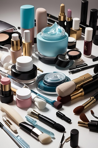 Una variedad de productos de maquillaje expuestos en una mesa