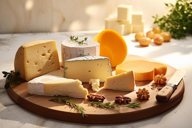 Variedad de queso en mesa blanca Muchos tipos diferentes de quesos en primer plano en una tabla de madera