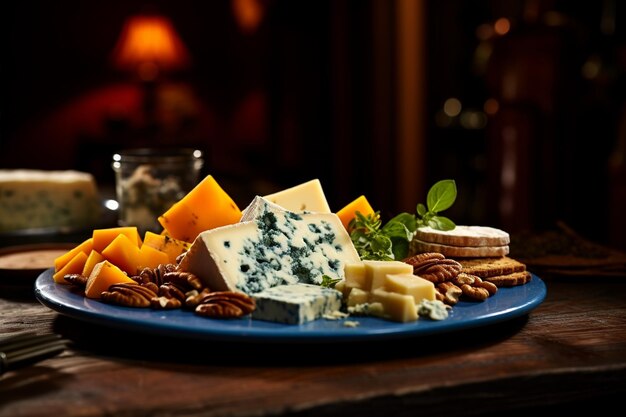 Foto variedad de queso servido en una tapa de madera