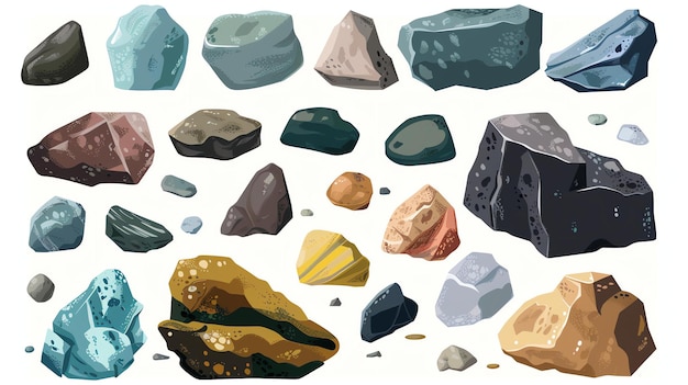 Una variedad de rocas y piedras de diferentes formas y tamaños Todas las rocas están representadas en un estilo realista y tienen una variedad de texturas