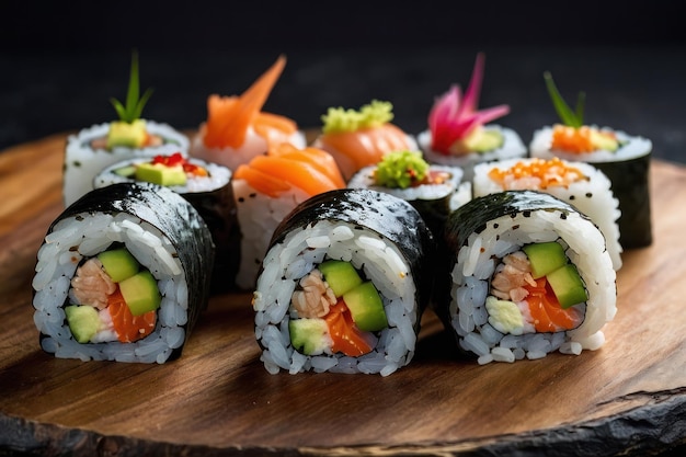 Foto una variedad de rollos de sushi elegantemente presentados