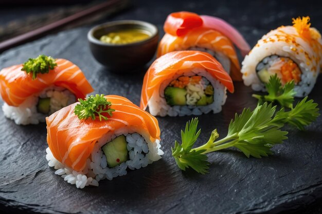 Una variedad de rollos de sushi elegantemente presentados