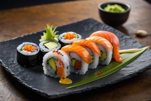 Una variedad de rollos de sushi elegantemente presentados