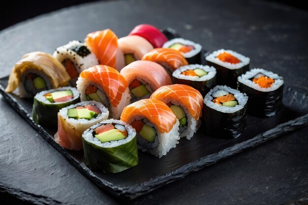 Una variedad de rollos de sushi elegantemente presentados