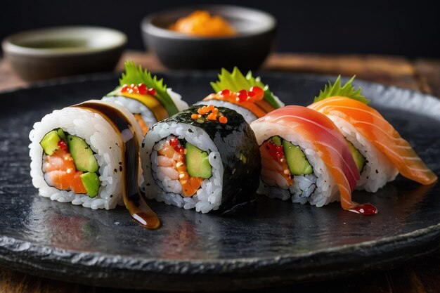 Una variedad de rollos de sushi elegantemente presentados