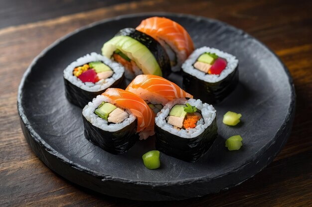 Una variedad de rollos de sushi elegantemente presentados