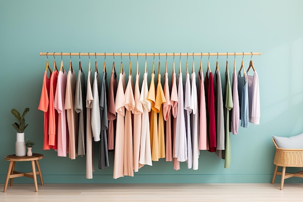 Variedad de ropa en un estante para colgar Aloje su colección de vestidos con una práctica solución para colgar