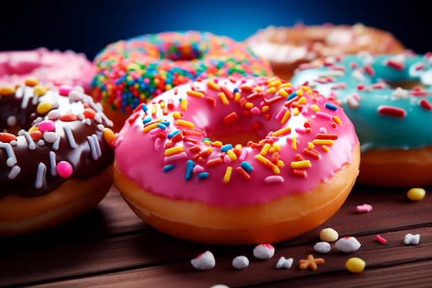 Una variedad de rosquillas de colores exhibidas en una mesa que crean un tentador y delicioso dulce arreglado