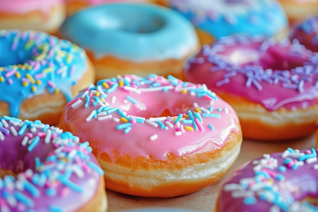 Una variedad de rosquillas coloridas con glaseado y salpicaduras