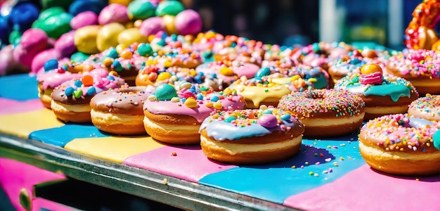 Variedad de rosquillas coloridas con salpicaduras en fondo azul ai generativo