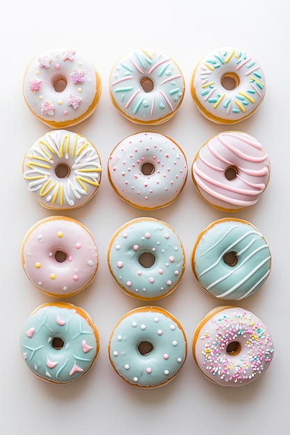 Una variedad de rosquillas esmaltadas en colores pastel perfectas para la comercialización de panaderías y la fotografía de alimentos