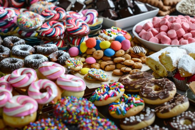 Una variedad de rosquillas expuestas en una mesa