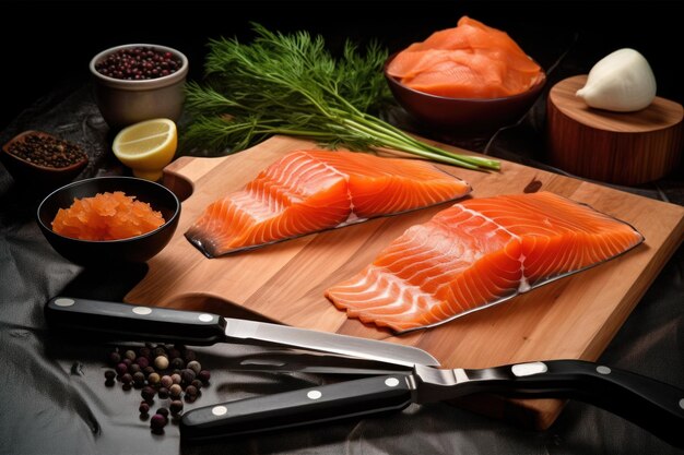 Una variedad de salmón en una tabla para cortar con otros alimentos en la mesa.