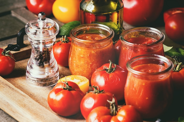 Variedad de salsas de tomate.