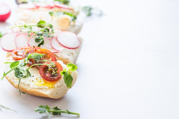 Variedad de sándwiches con huevos de codorniz, tomates, rábanos y microverde.