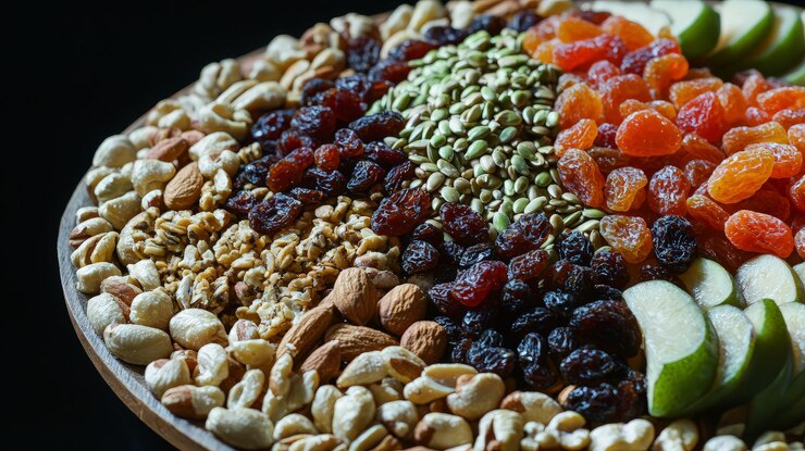 Una variedad de semillas de nueces y frutas secas