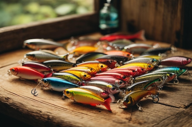 Variedad de señuelos de pesca coloridos en un arco de mesa de