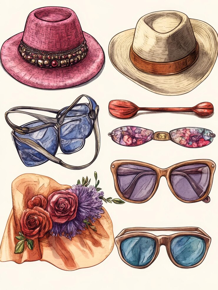 Foto una variedad de sombreros y gafas de sol dibujados a mano