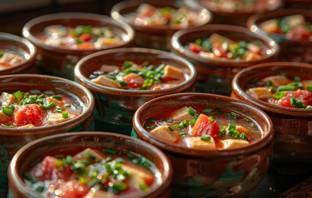 Foto variedad de sopas en ollas de arcilla hervir carne y sopa en muchos tazones pequeños