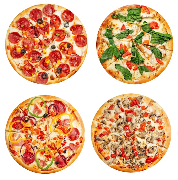 Variedad surtida aislada de diseño de menú de collage de pizzas