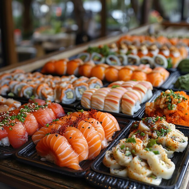 una variedad de sushi se muestra en una bandeja con otros sushi