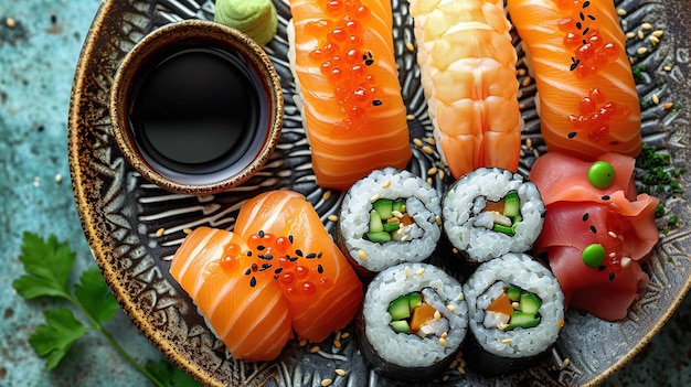 Una variedad de sushi nigiri y maki grande en pizarra una variedad de Sushi japonés con atún