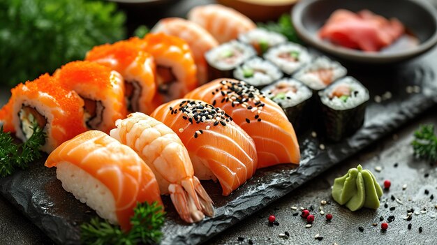 Una variedad de sushi nigiri y maki en pizarra una variedad de suchi japonés con atún y cangrejo