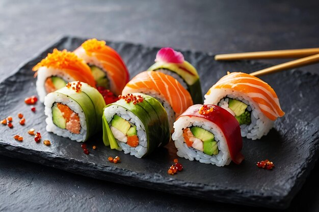 Una variedad de sushi y sashimi artísticamente presentados en una pizarra con elementos naturales y guarniciones