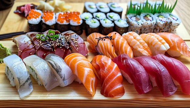 Foto una variedad de sushi está en una tabla de cortar de madera