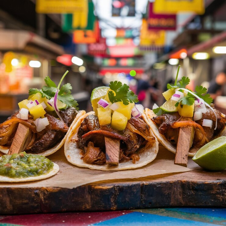 una variedad de tacos están en una bandeja de madera con un letrero que dice son