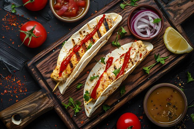 una variedad de tacos tomates y lechuga están en una tabla de madera