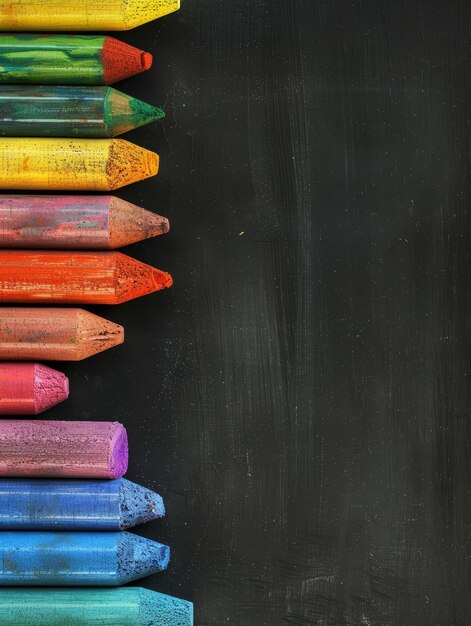 Una variedad de tallas de colores bien dispuestas en el lado izquierdo de un fondo de pizarra en blanco