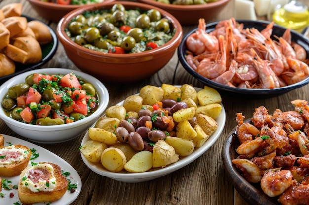 Foto una variedad de tapas españolas con aceitunas rellenas patatas bravas y gambas al ajillo