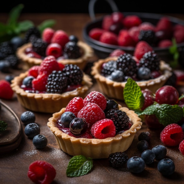 Una variedad de tartas de frutas en una mesa de madera