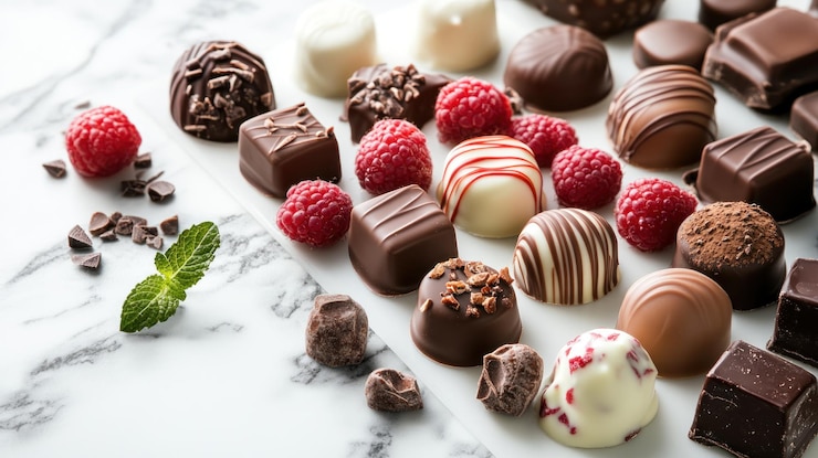 Una variedad de trufas de chocolate gourmet, pralinas y caramelos dispuestos en una superficie de mármol con frambuesas frescas y hojas de menta