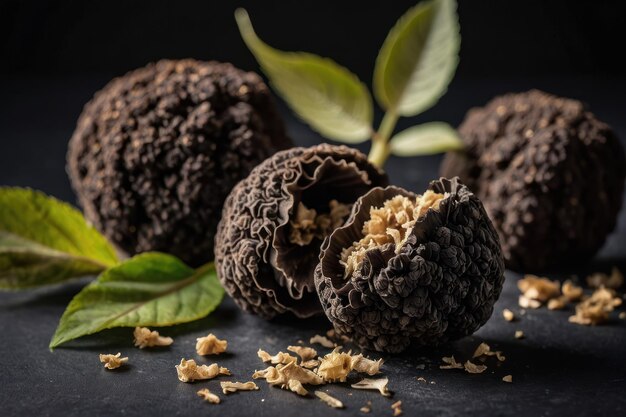 Foto una variedad de trufas frescas con hojas verdes sobre un fondo oscuro