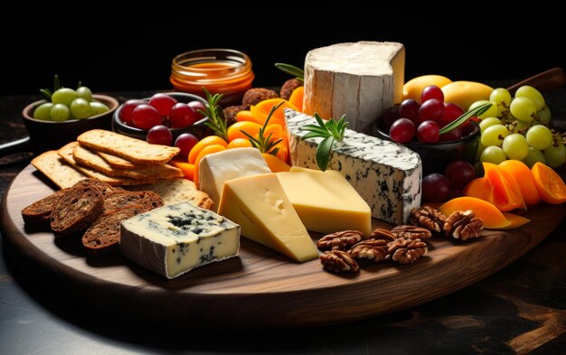 Foto una variedad de uvas de queso y galletas en una tabla de madera