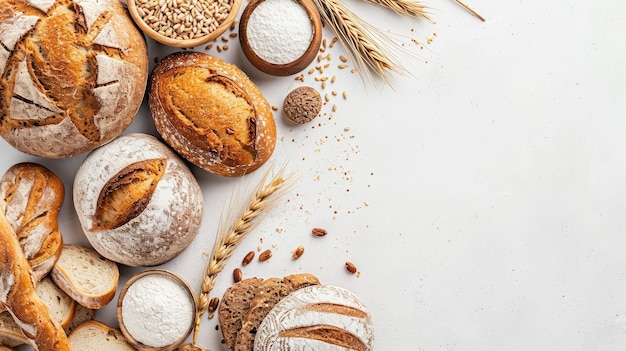 Una variedad de varios deliciosos panes recién horneados e ingrediente de harina en fondo blanco espacio de copia de banner Variedad de pan artesanal y orejas de trigo