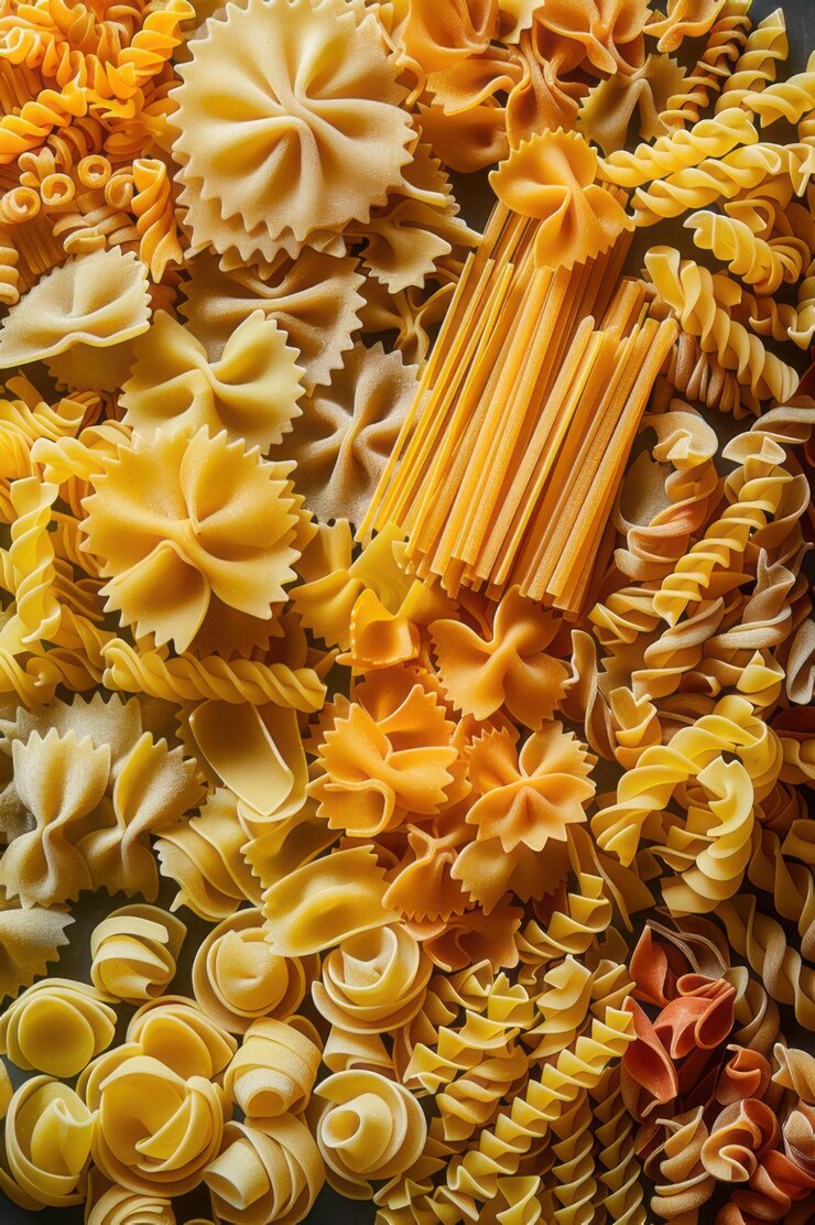 Una variedad de varios tipos de pasta con ingredientes como tomates albahaca y aceitunas que muestran la cocina italiana