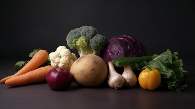 Una variedad de vegetales que incluyen brócoli, zanahorias y otras frutas.