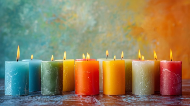 Una variedad de velas de colores que arden brillantemente contra un fondo texturizado