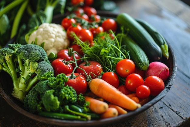 Una variedad de verduras de colores en un cuenco en una mesa de madera preparada para cocinar en la cocina