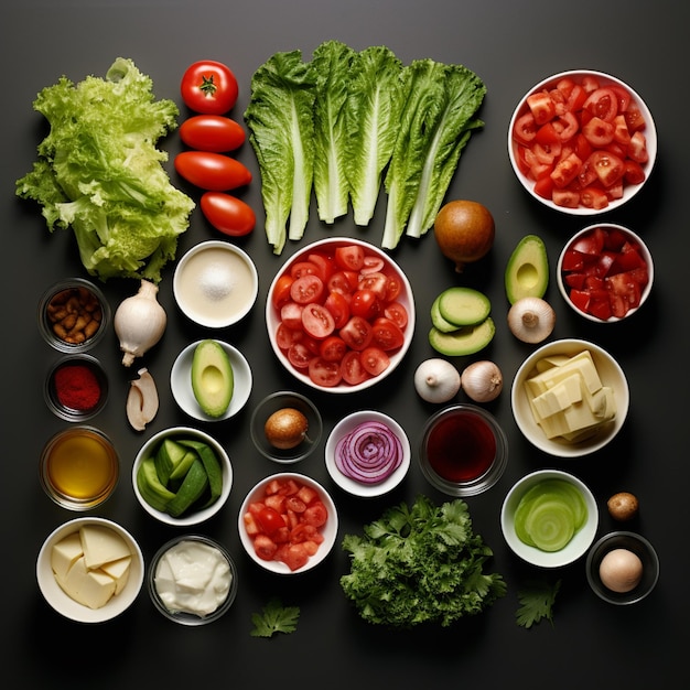 variedad de verduras e ingredientes en cuencos en una mesa generativa ai