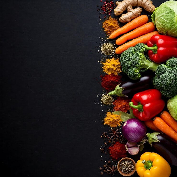 Una variedad de verduras y especias frescas en una superficie oscura