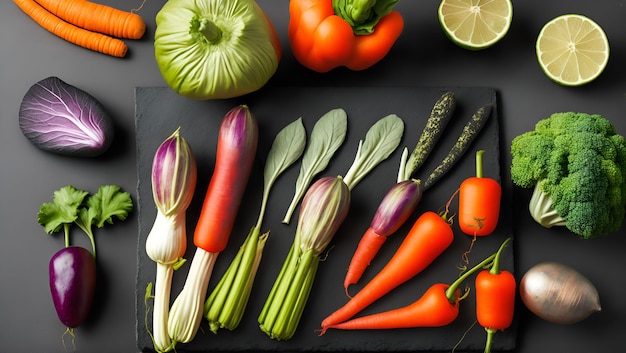 Una variedad de verduras están en una superficie negra.