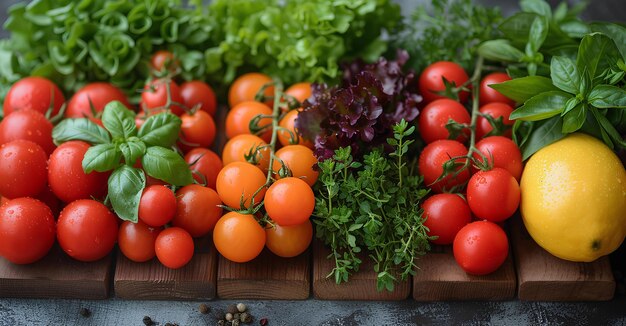 Una variedad de verduras están en una tabla de cortar con un limón y tomates en el lado de la tabla