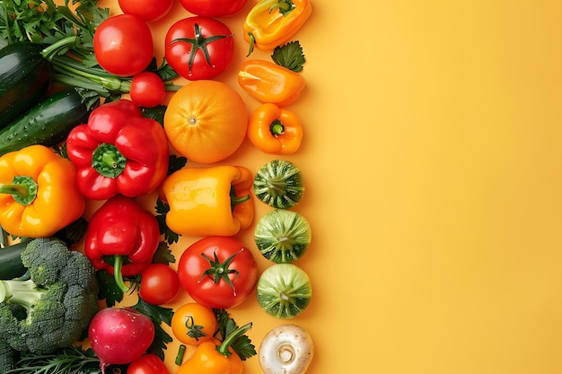 Una variedad de verduras expuestas sobre un telón de fondo amarillo vibrante