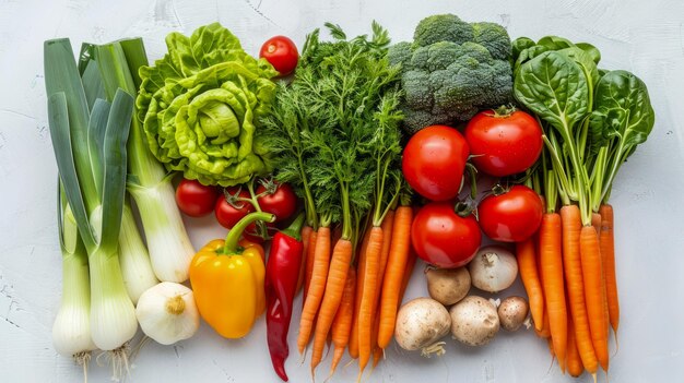 Una variedad de verduras frescas en una encimera de mármol Concepto de alimentación saludable