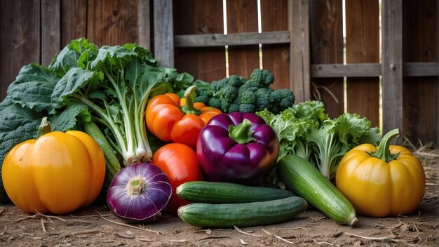 Foto una variedad de verduras frescas en un fondo rústico