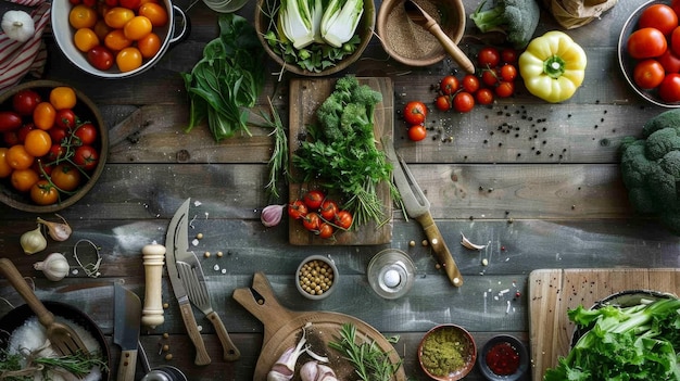 Una variedad de verduras frescas en una mesa de madera